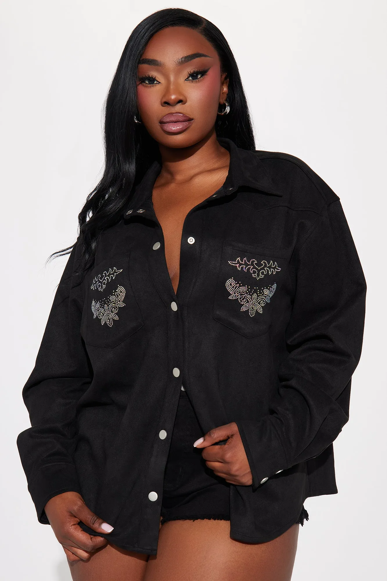 Dolly Embellished Faux Suede Shirt - Black sold by Fashion Nova