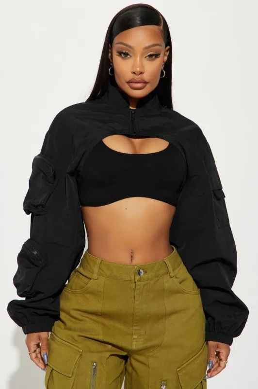 Rather Catch Flights Crop Jacket - Black sold by Fashion Nova