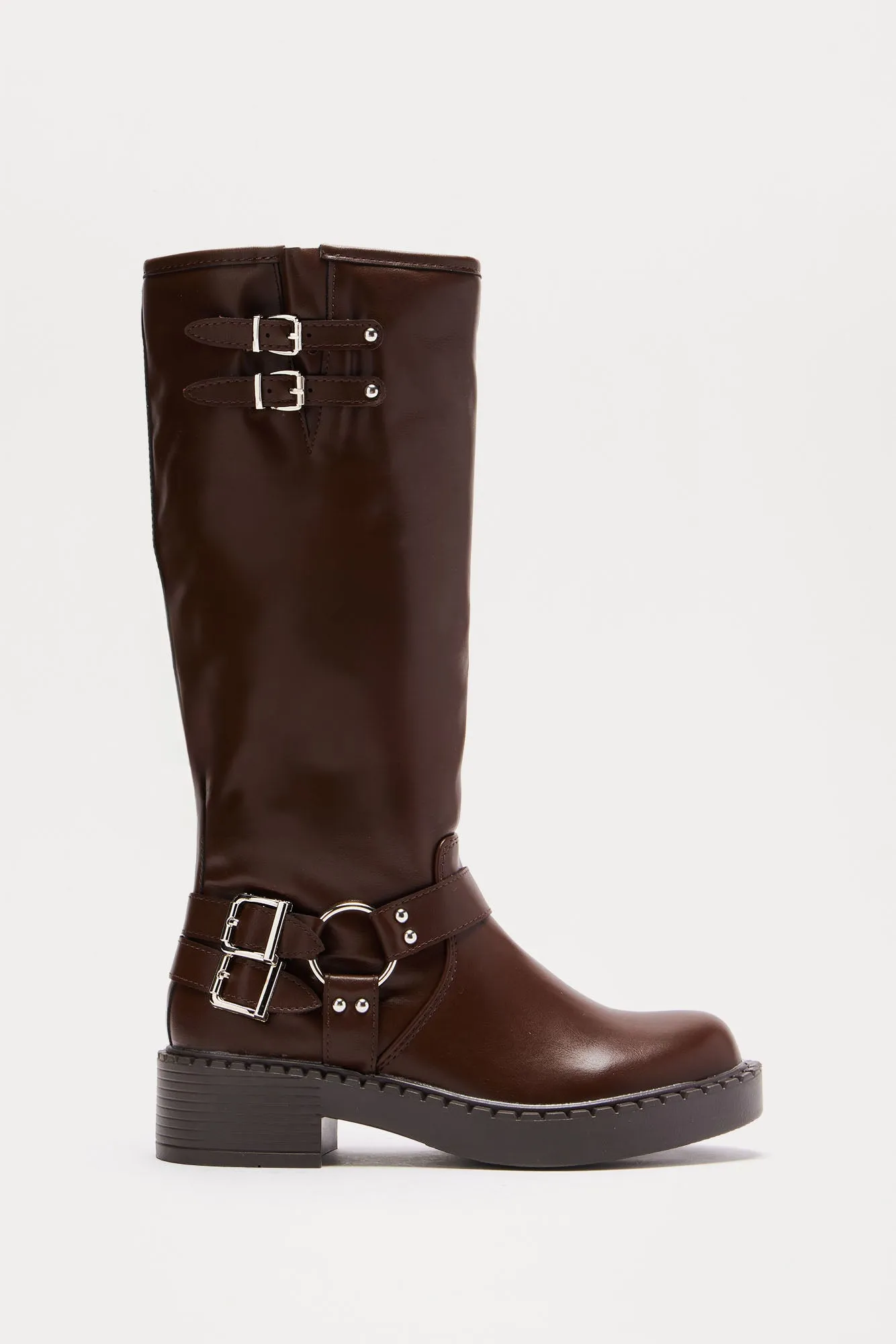 Miles Buckle Knee High Boots - Brown sold by Fashion Nova