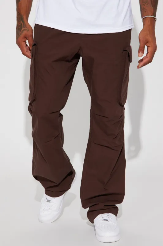 Slim Flare Cargo Parachute Pants - Dark Brown sold by Fashion Nova