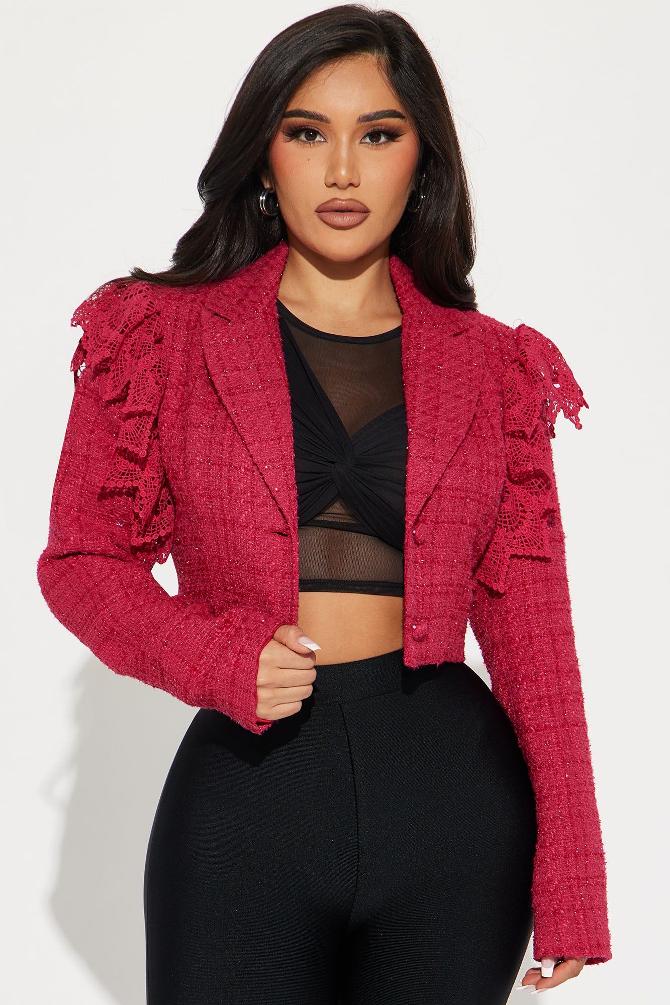 Tea Cake Cropped Tweed Blazer - Fuchsia sold by Fashion Nova
