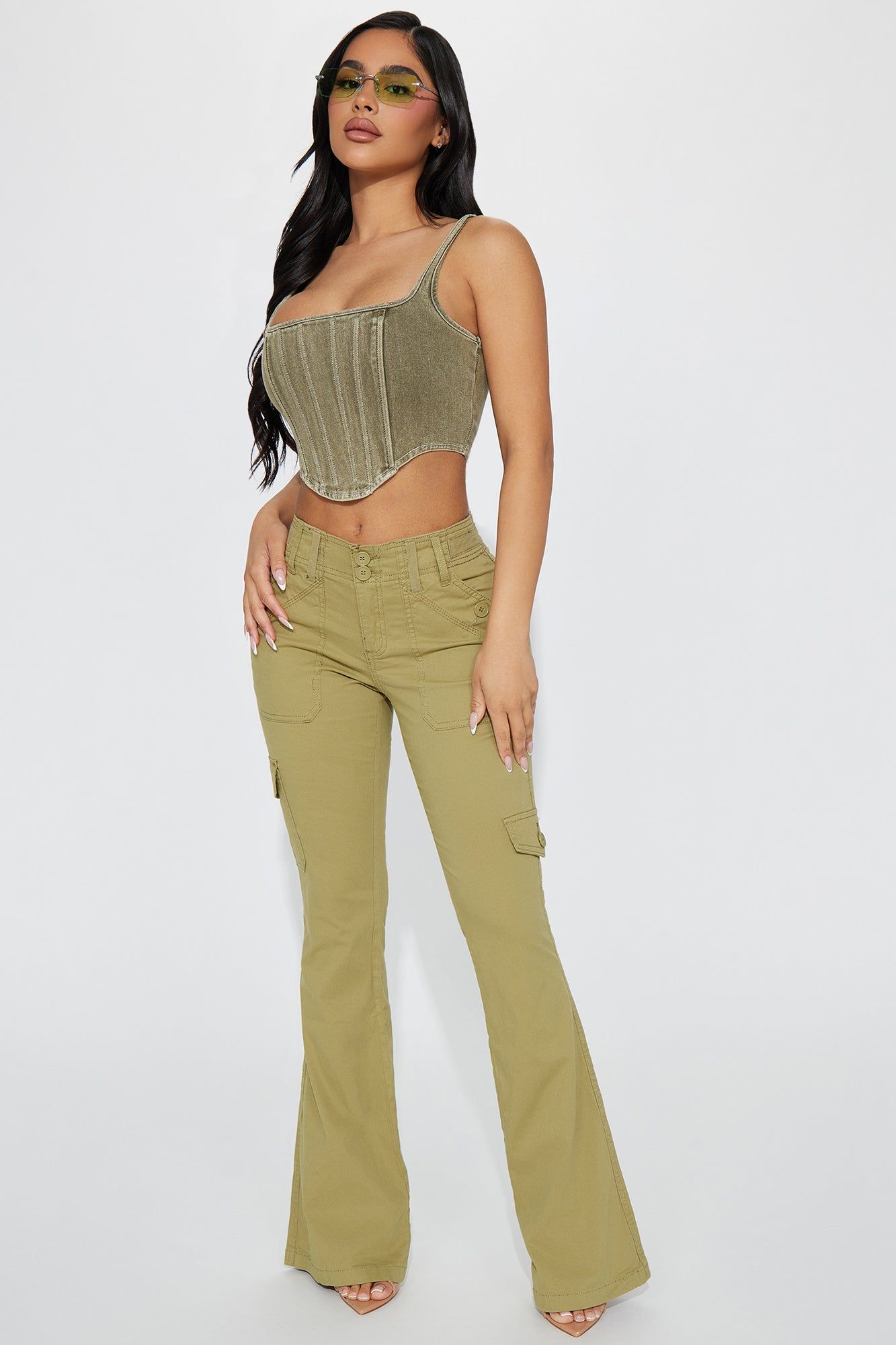 Stevie Cargo Flare Pant - Olive sold by Fashion Nova