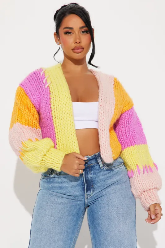 Camille Chunky Knit Color Block Cropped Cardigan - Pink/combo sold by Fashion Nova