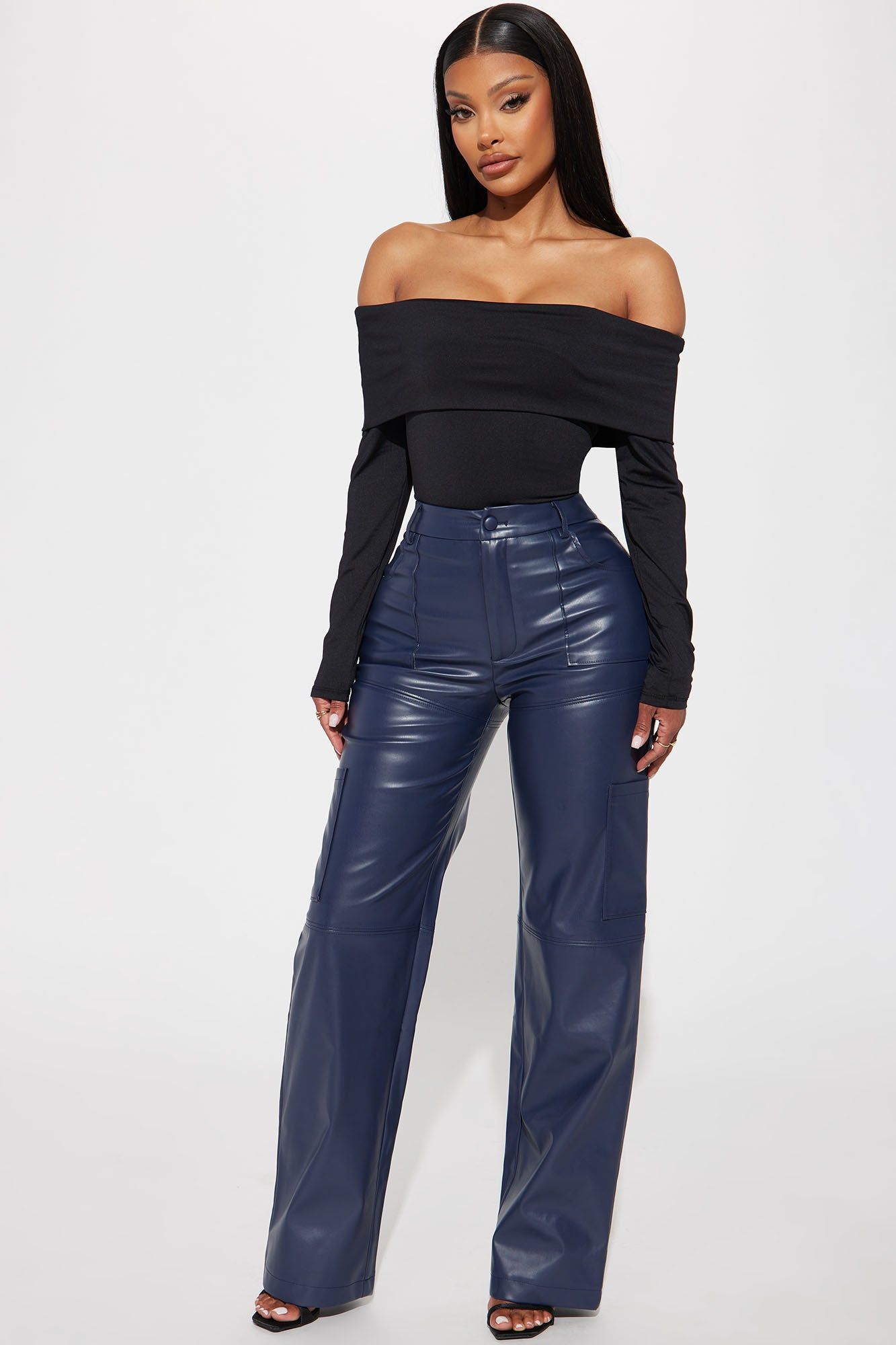 Malia Faux Leather Straight Leg Trouser - Navy sold by Fashion Nova