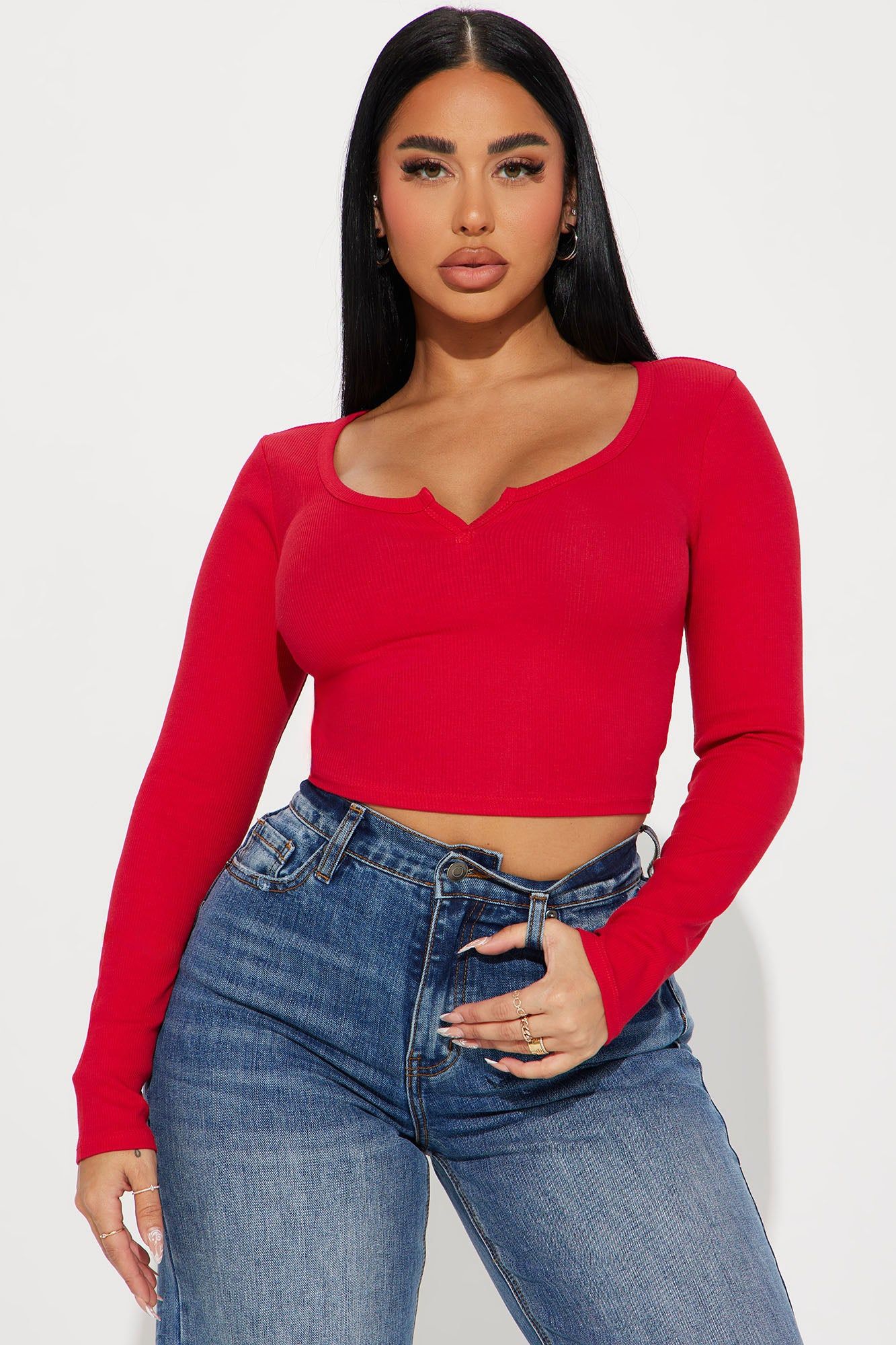 Agnus Long Sleeve Crop Top - DarkRed sold by Fashion Nova