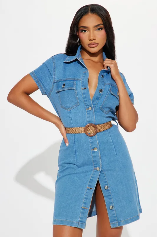Dayna Denim Mini Dress - Light Wash sold by Fashion Nova