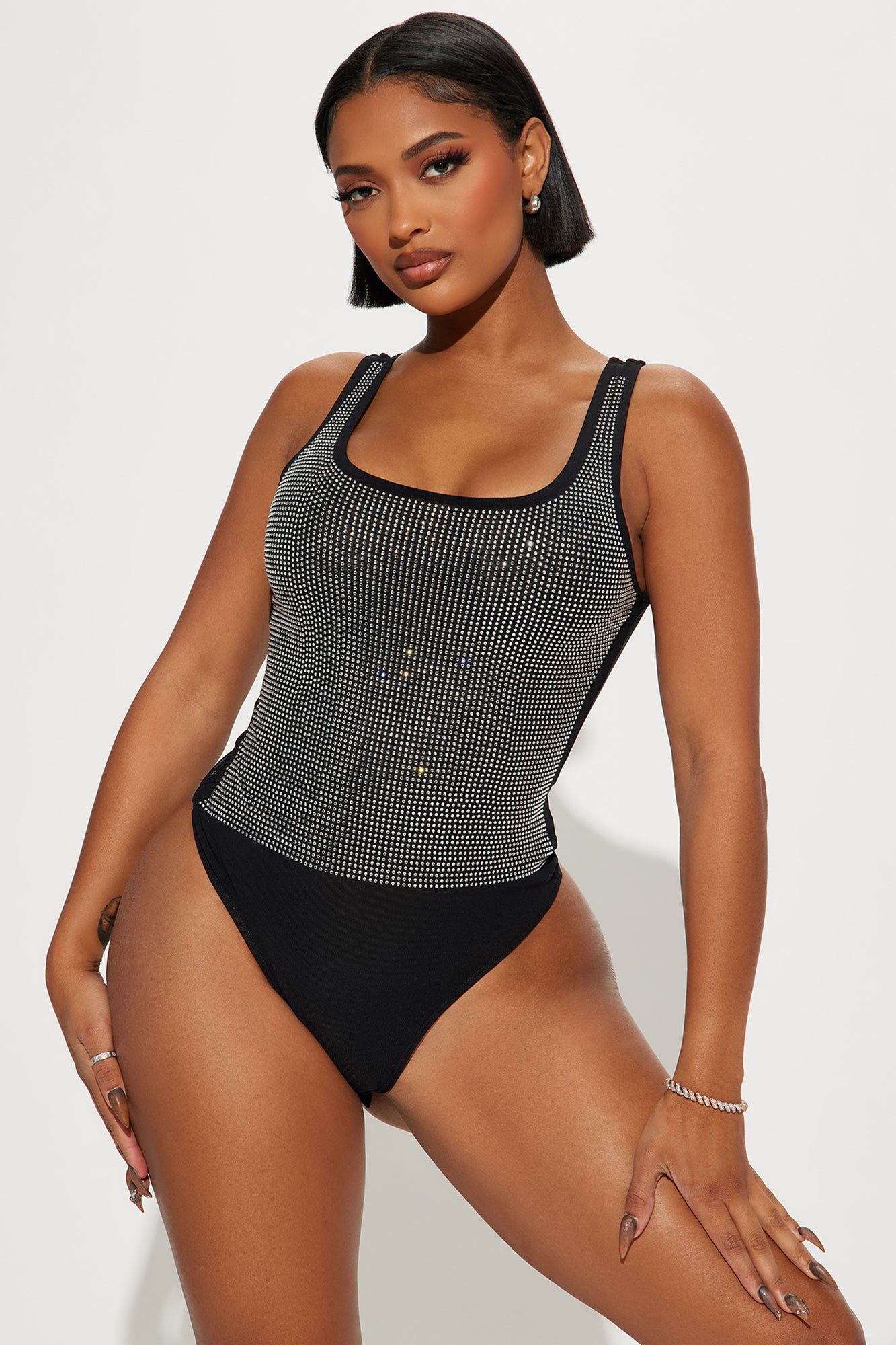 Just For Tonight Rhinestone Bodysuit - Black sold by Fashion Nova