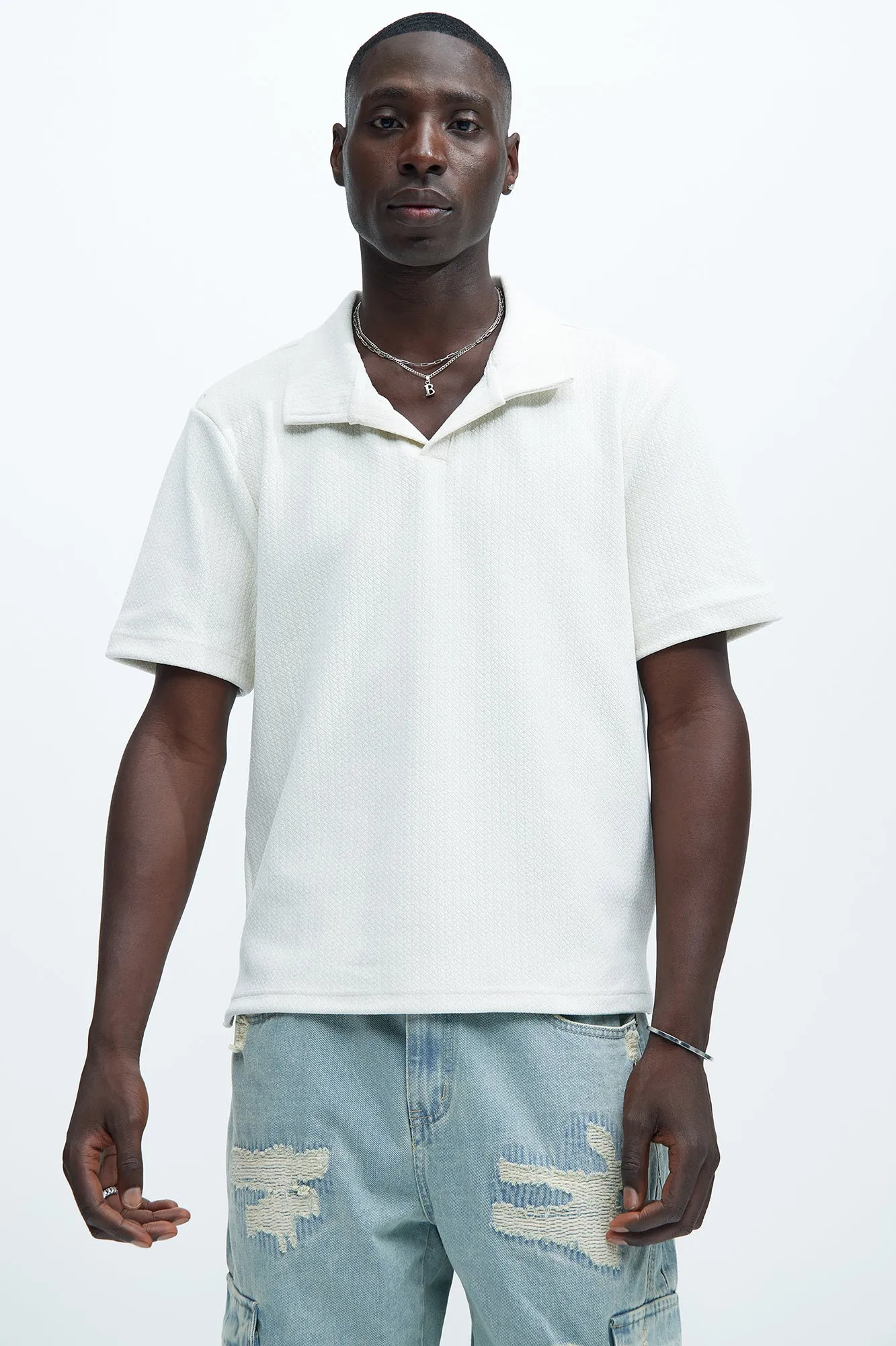 Dudley Textured Johnny Collar Shirt - Off White sold by Fashion Nova