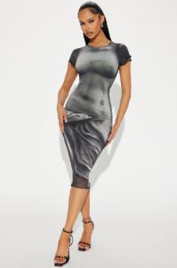 Body Language Mesh Midi Dress - Black/White sold by Fashion Nova