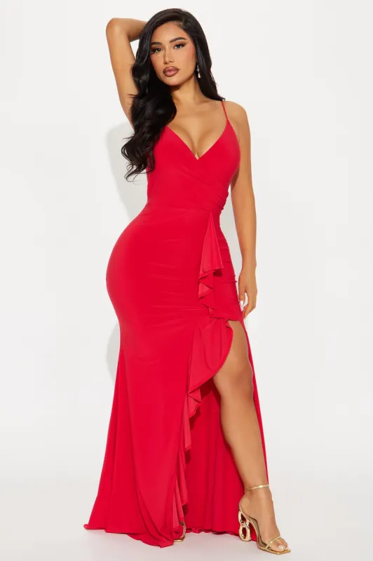 Hailey Ruffle Slit Gown - Red sold by Fashion Nova