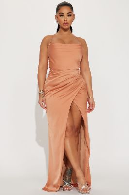 Cali Satin Gown - Cognac sold by Fashion Nova