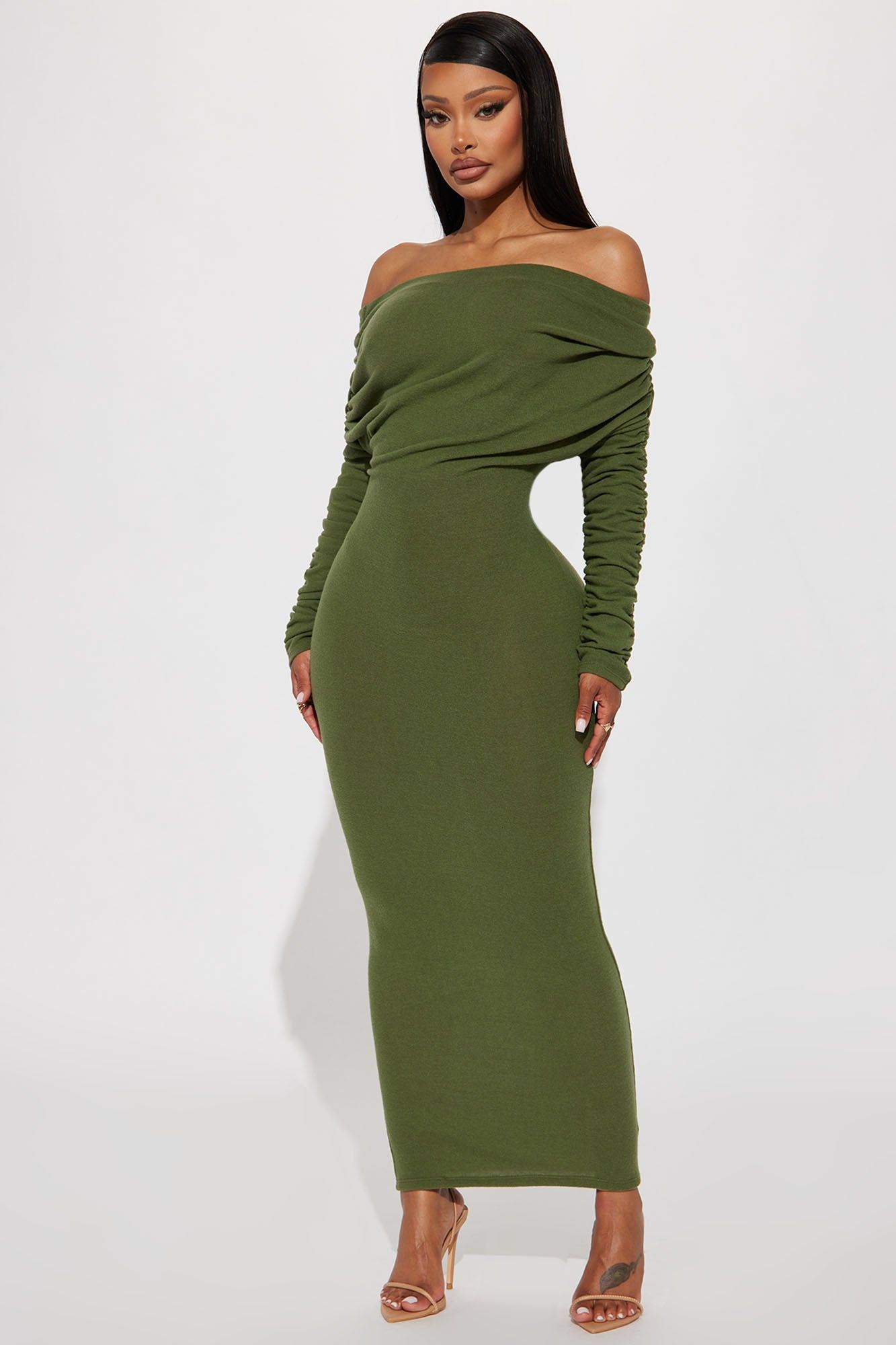 Yasmine Off Shoulder Sweater Maxi Dress - Green sold by Fashion Nova