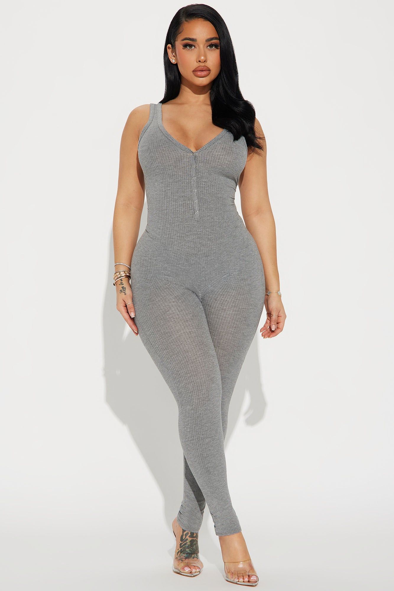Monique Ribbed Jumpsuit - Heather Grey sold by Fashion Nova