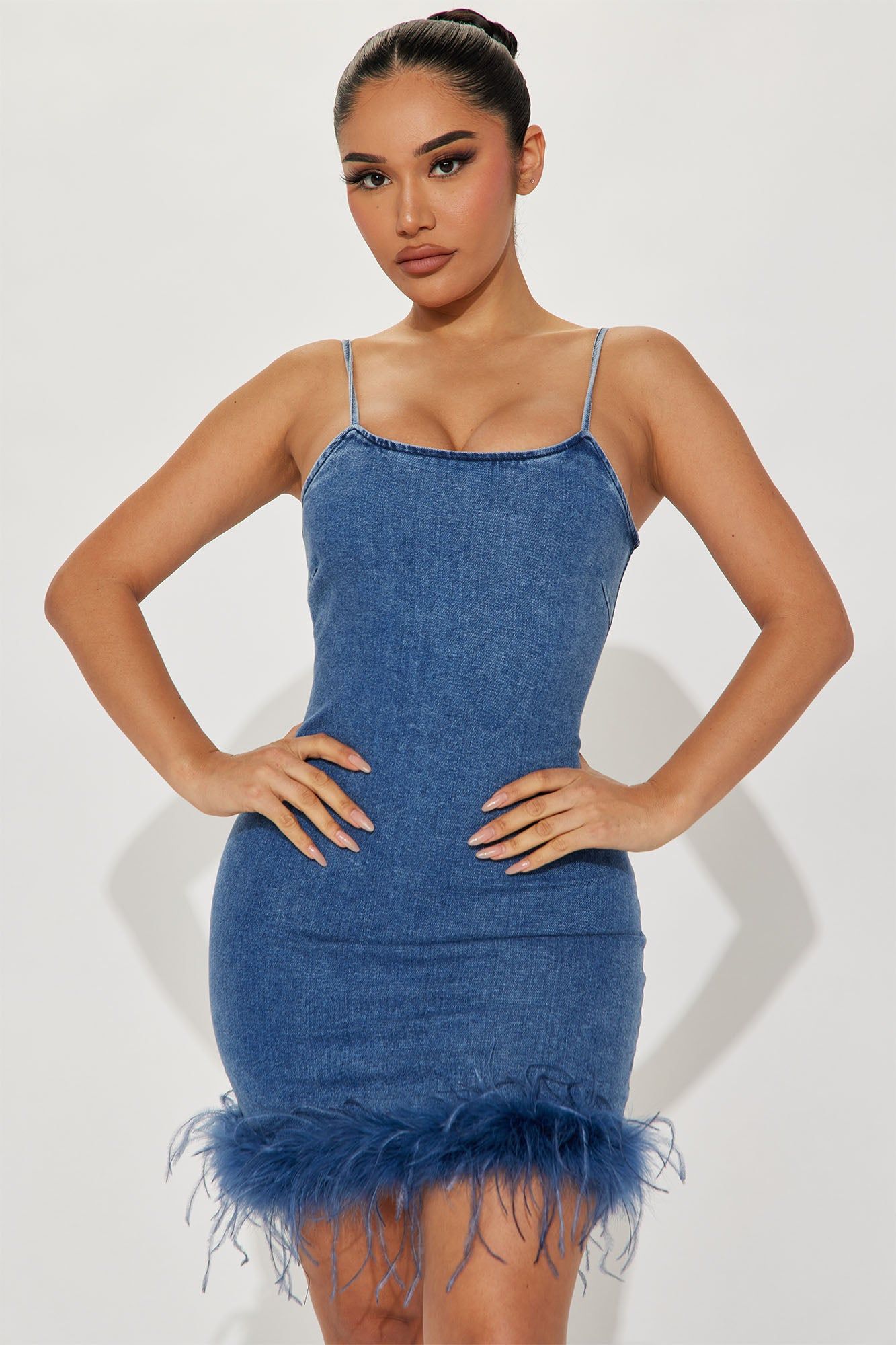 Wave Of Feathers Denim Mini Dress - Light Blue sold by Fashion Nova