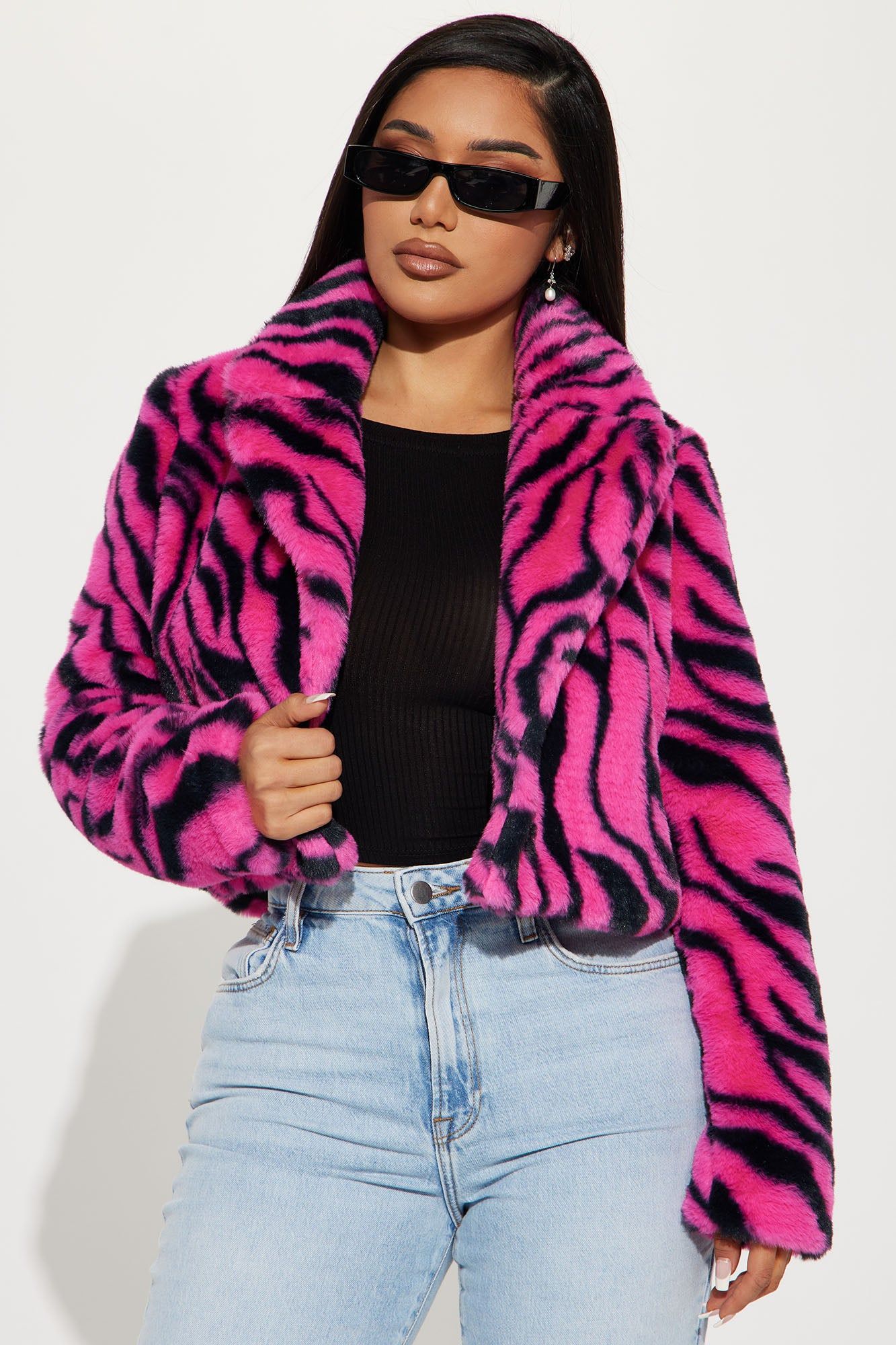 Safari Trip Faux Fur Jacket - Fuchsia/combo sold by Fashion Nova