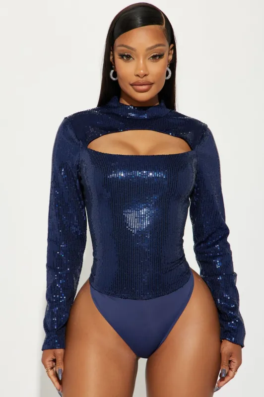Desired Sequin Bodysuit - Navy sold by Fashion Nova