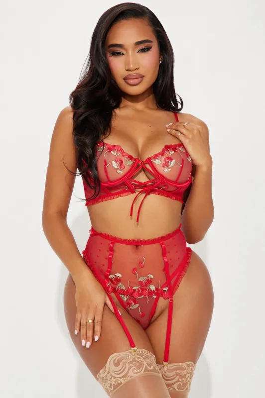 Summer Love Cherry Embroidered 3 Piece Garter Set - Red sold by Fashion Nova