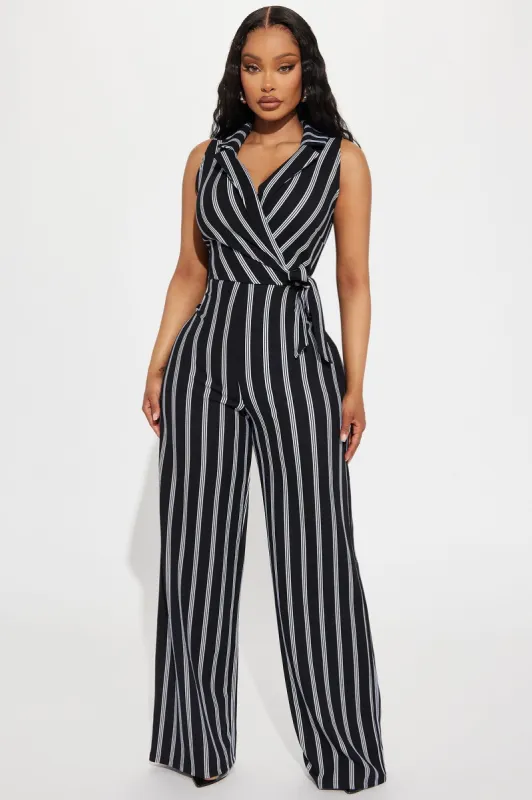 Leana Pinstripe Jumpsuit - Black/combo sold by Fashion Nova