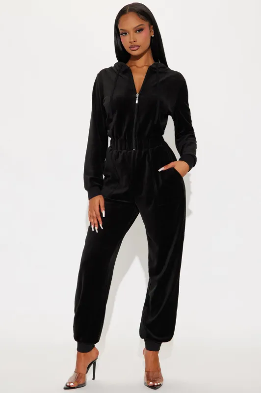 The Original Trendsetter Velour Jumpsuit - Black sold by Fashion Nova