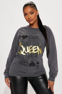 Queen Of Hearts Long Sleeve Tee - Grey/combo sold by Fashion Nova
