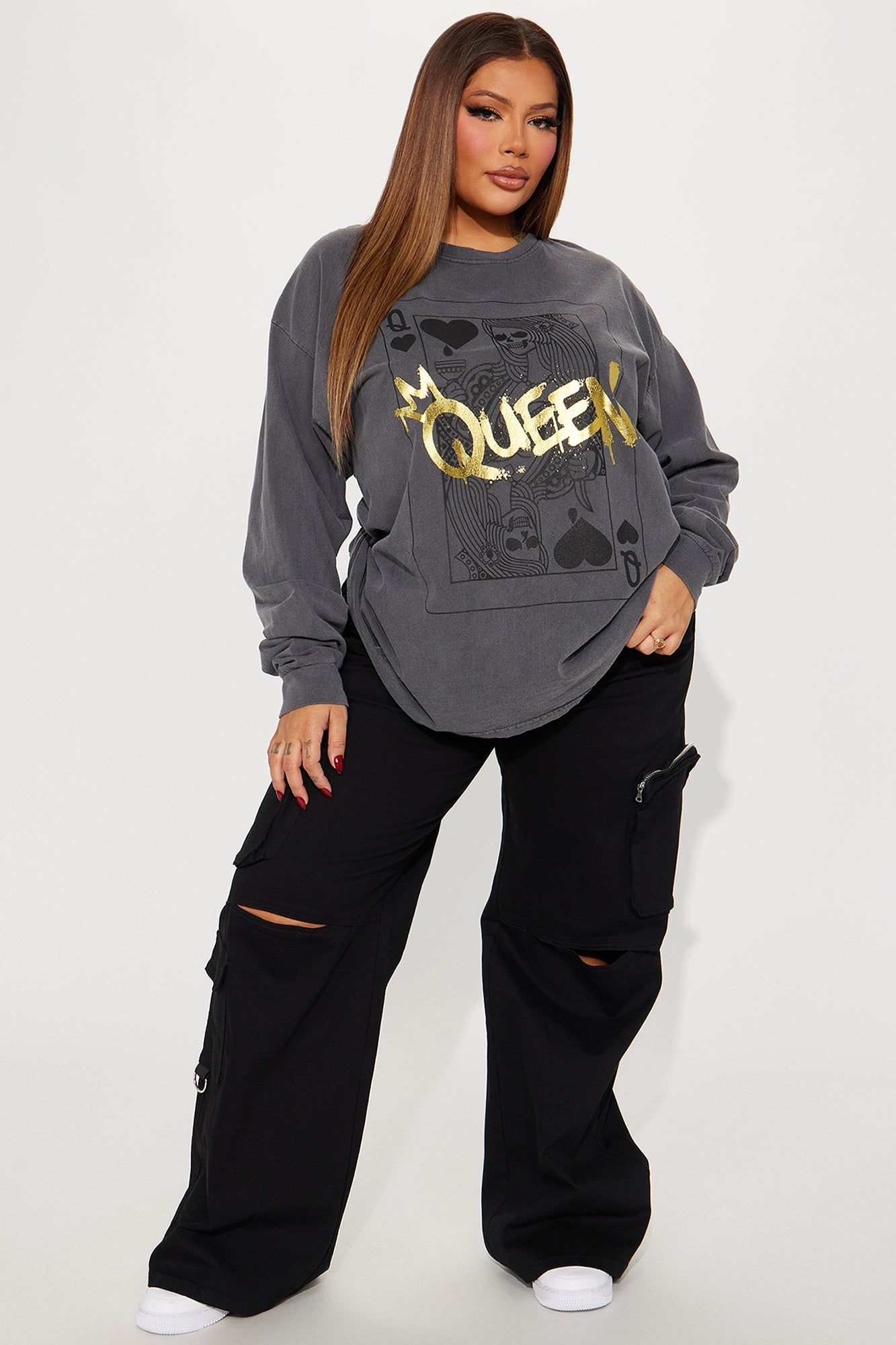 Queen Of Hearts Long Sleeve Tee - Grey/combo sold by Fashion Nova product image thumbnail 5