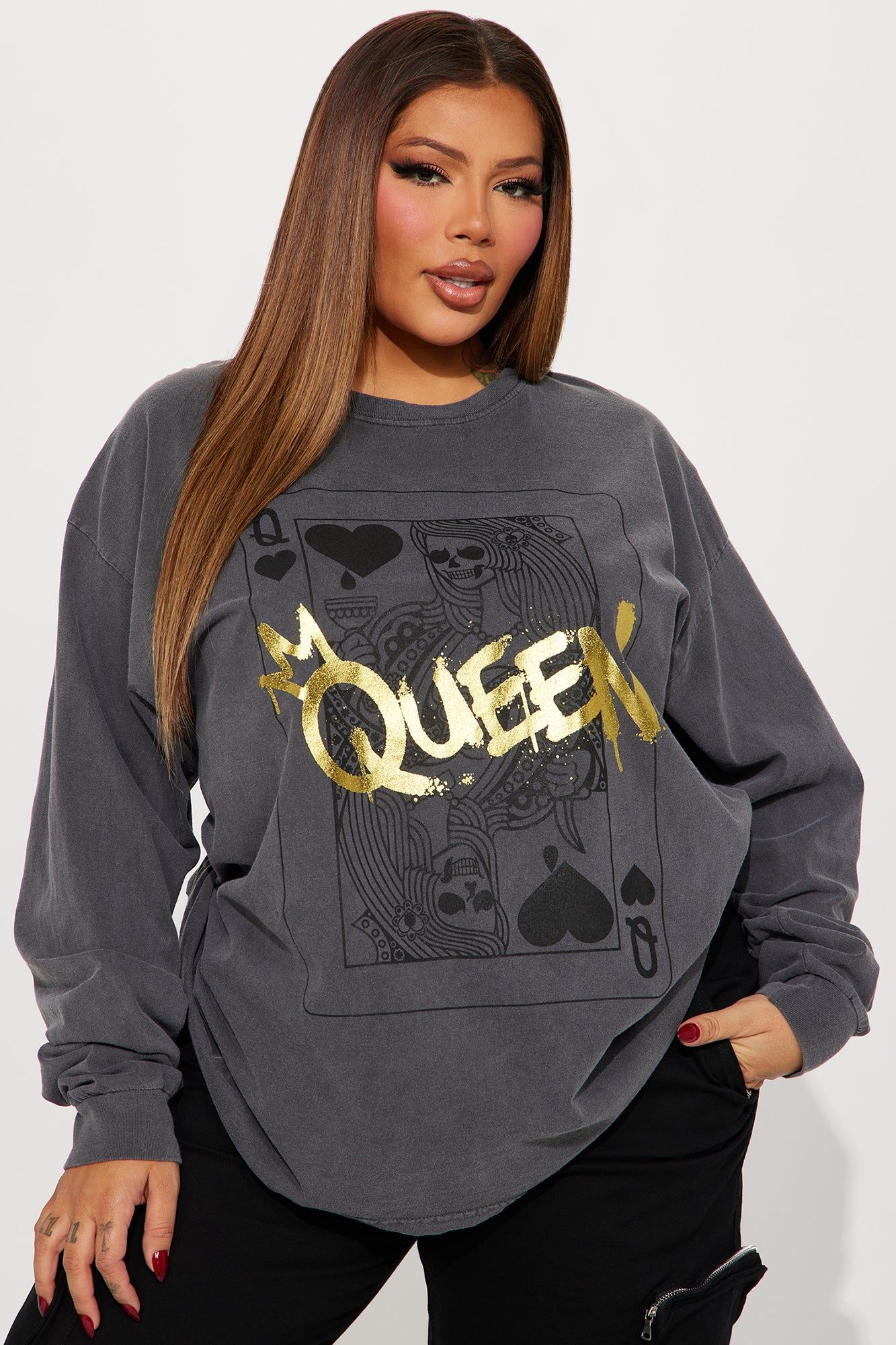 Queen Of Hearts Long Sleeve Tee - Grey/combo sold by Fashion Nova product image thumbnail 4