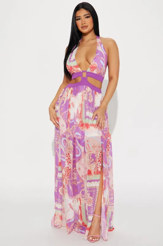 Dreaming Chiffon Maxi Dress - Magenta/combo sold by Fashion Nova