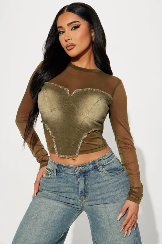 Tainted Love Washed Denim Mesh Top - Olive sold by Fashion Nova