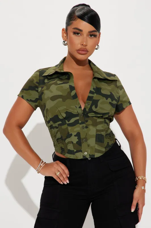 Endless Talks Camo Corset Short Sleeve Top - Olive/combo sold by Fashion Nova