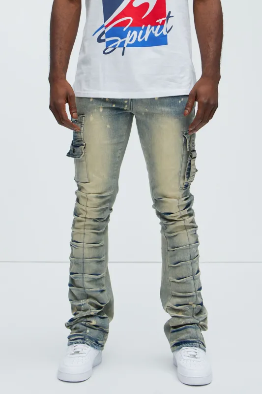 Step In Ruched Cargo Flare Jeans - Vintage Wash sold by Fashion Nova