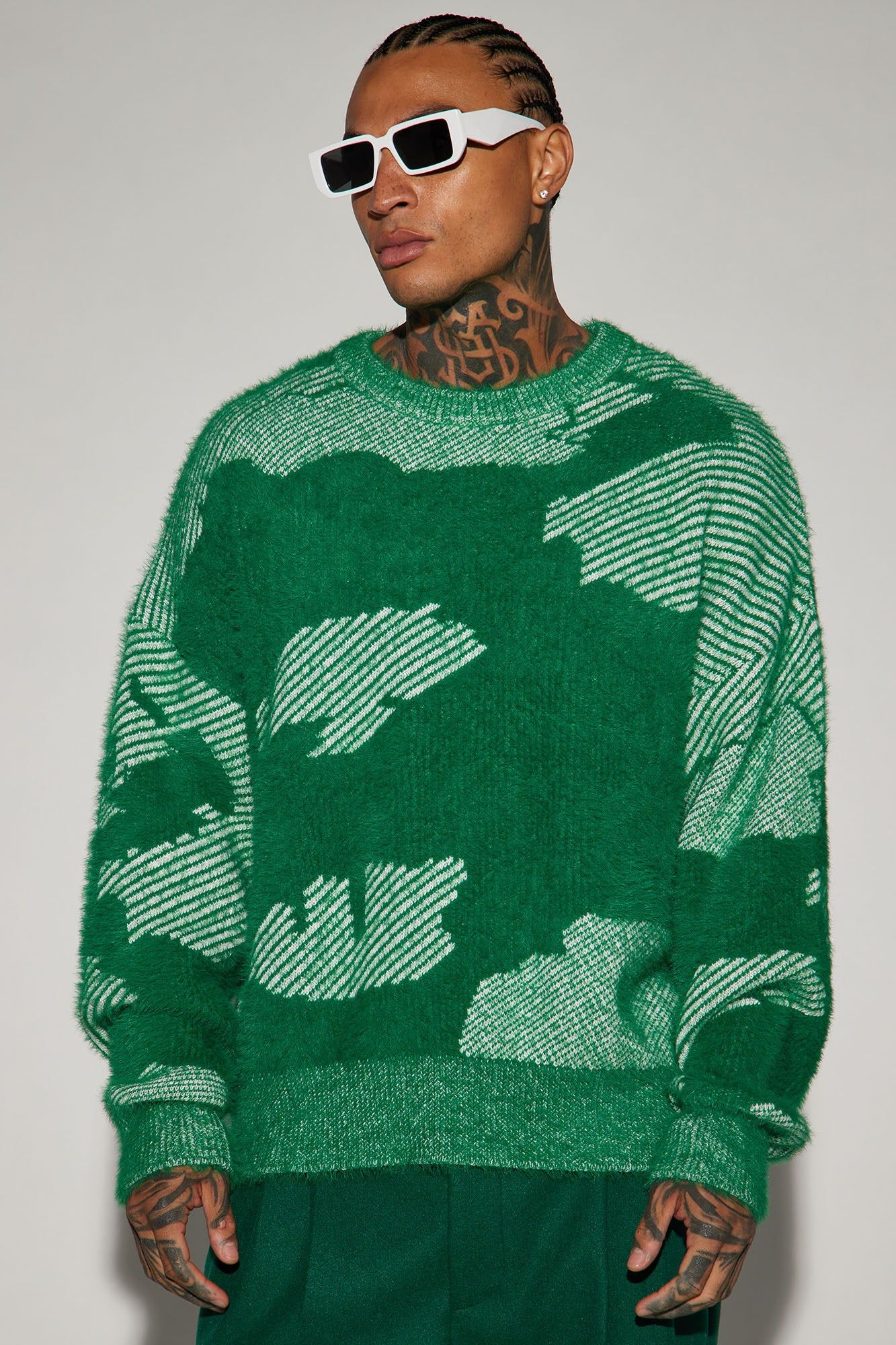 Fuzzy Textured Crewneck Sweater - Green/combo sold by Fashion Nova