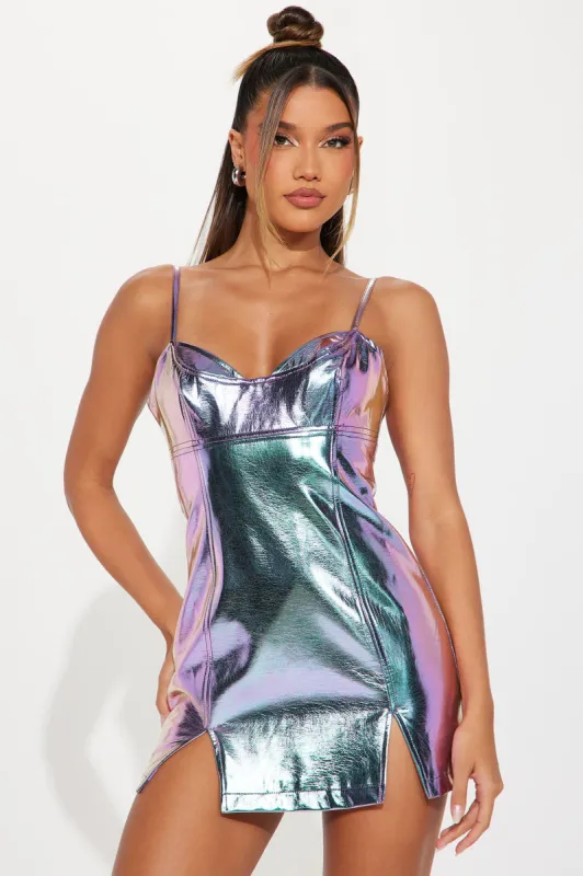 Galactic Glam Faux Leather Micro Mini Dress - Purple/combo sold by Fashion Nova