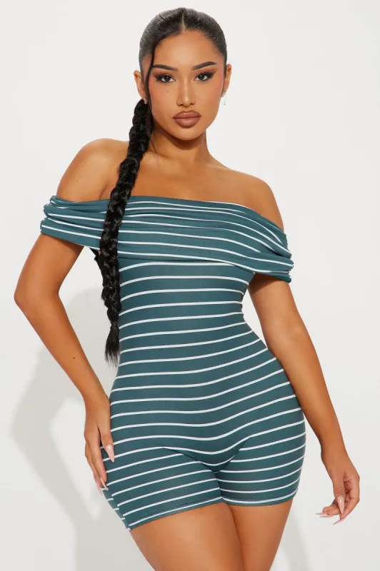 All Stripes On Me Romper - Hunter sold by Fashion Nova
