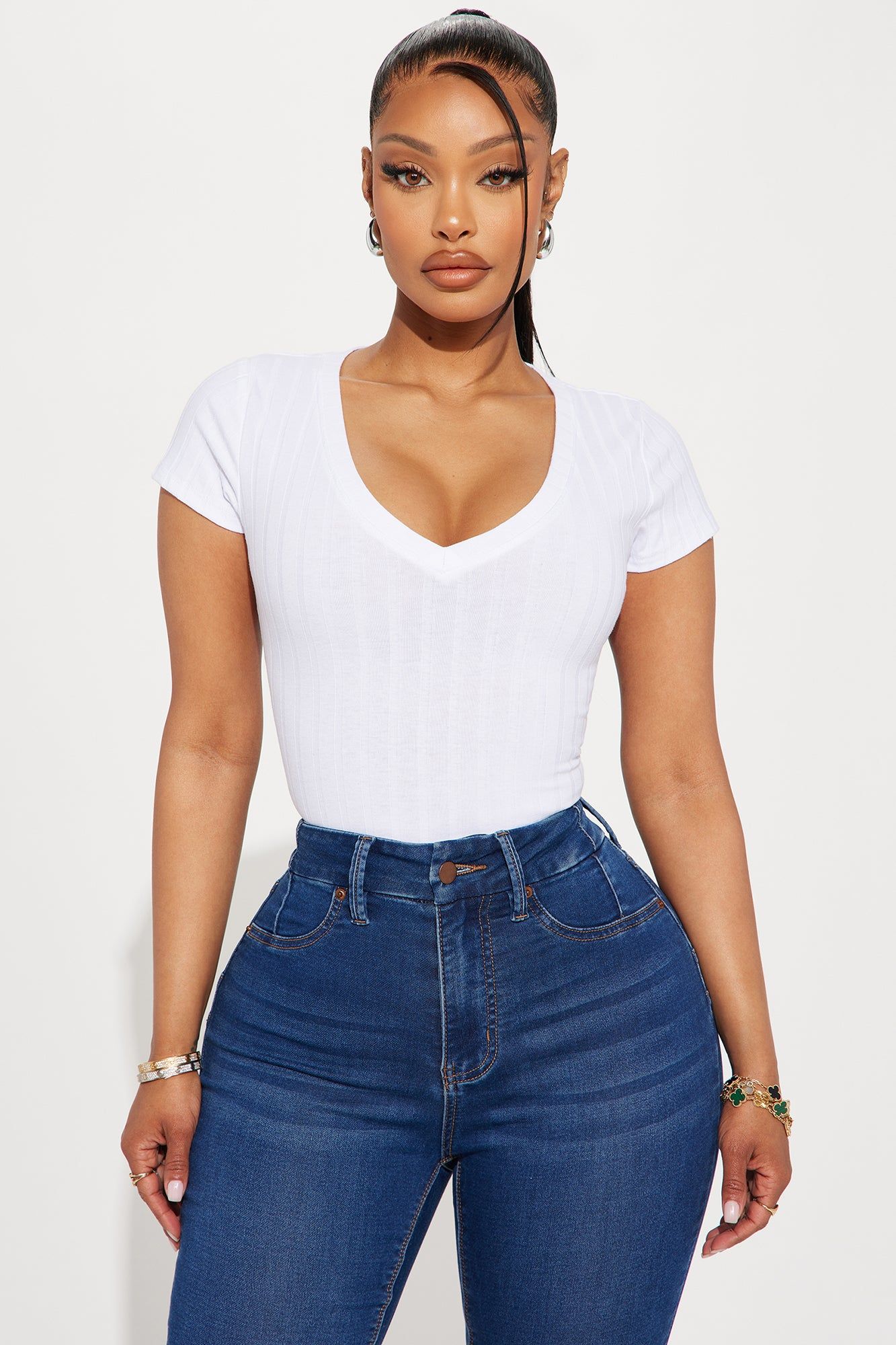 Valeria V-Neck Ribbed Tee - White sold by Fashion Nova
