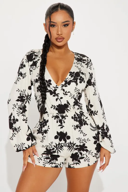 Make It Shine Floral Romper - White/Black sold by Fashion Nova
