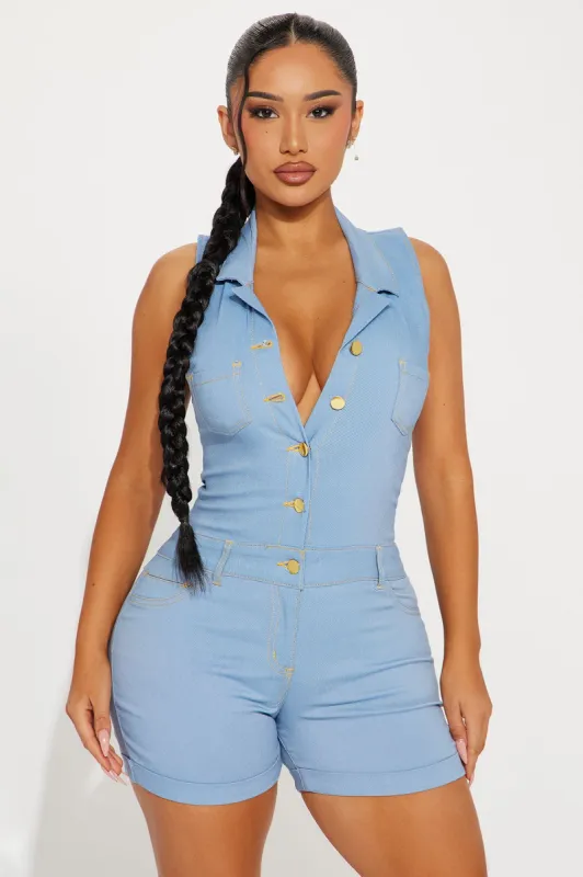 Look At You Super Stretch Romper - Medium Wash made by Fashion Nova