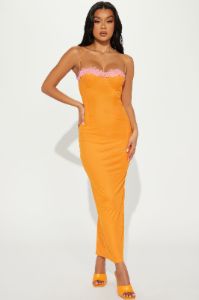 Colette Mesh Maxi Dress - Orange/combo sold by Fashion Nova