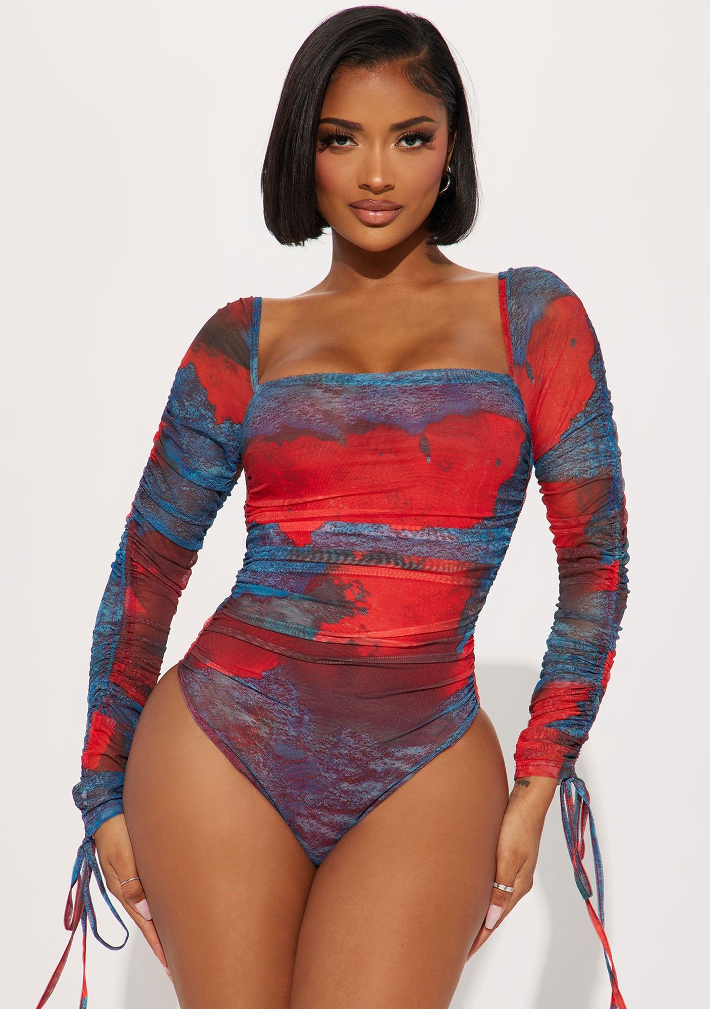 Don't Test Me Mesh Bodysuit - Red/combo sold by Fashion Nova