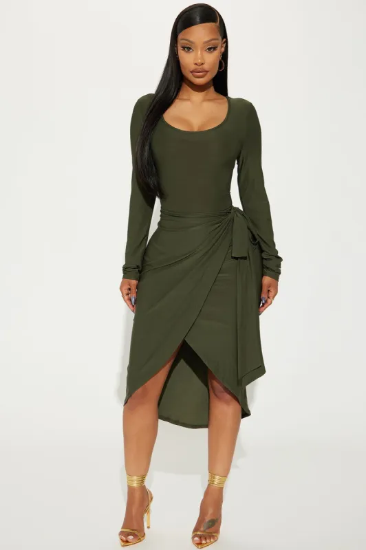 Tanya Wrap Midi Dress - Olive sold by Fashion Nova