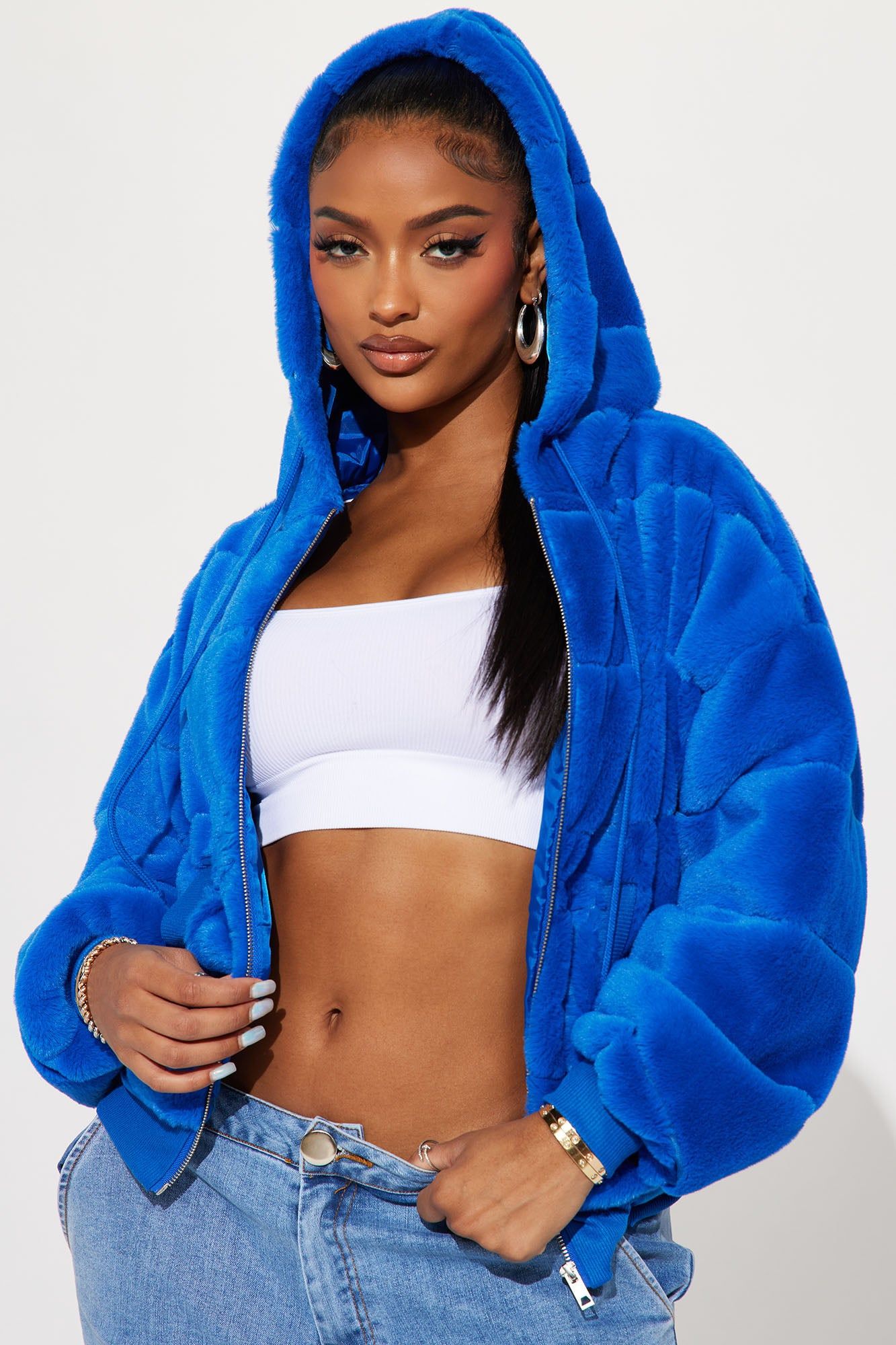 So Delighted Faux Fur Puffer Jacket - Blue sold by Fashion Nova