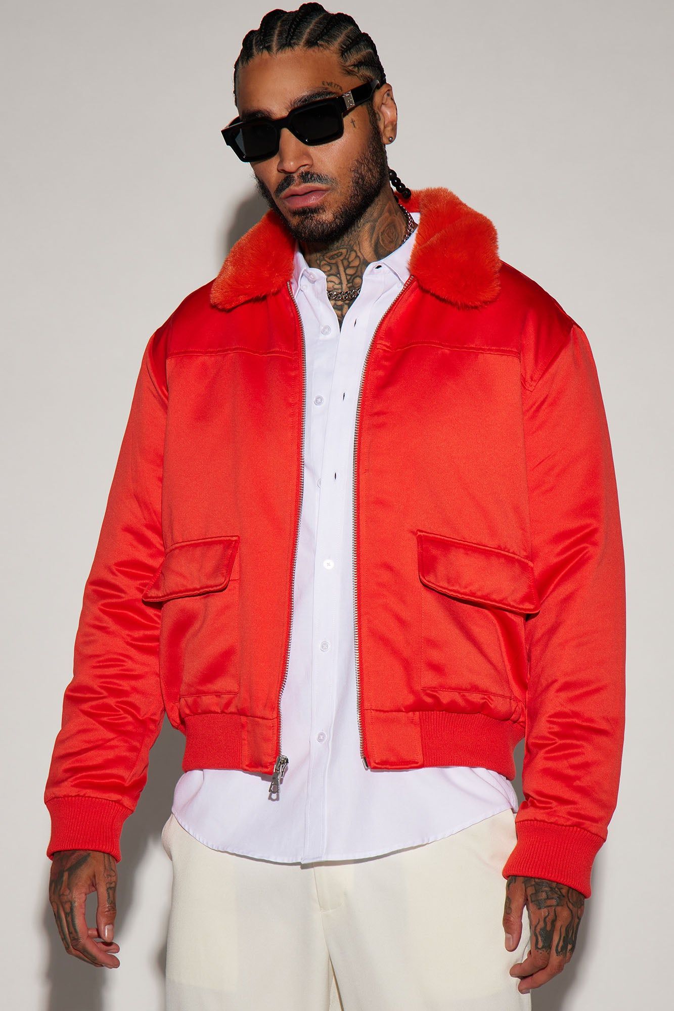 Faux Fur Collar Aviator Bomber Jacket - Red sold by Fashion Nova