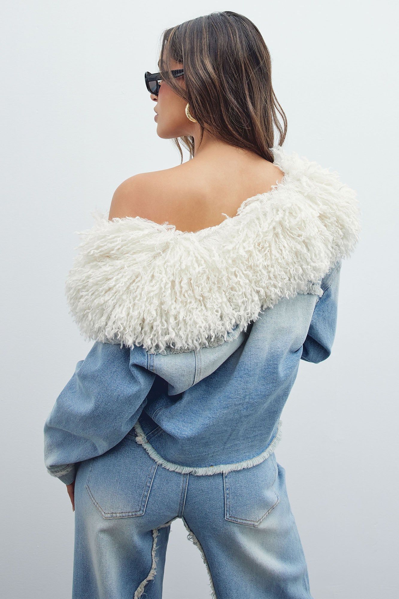 In A Mood Faux Fur Denim Jacket - Medium Wash sold by Fashion Nova