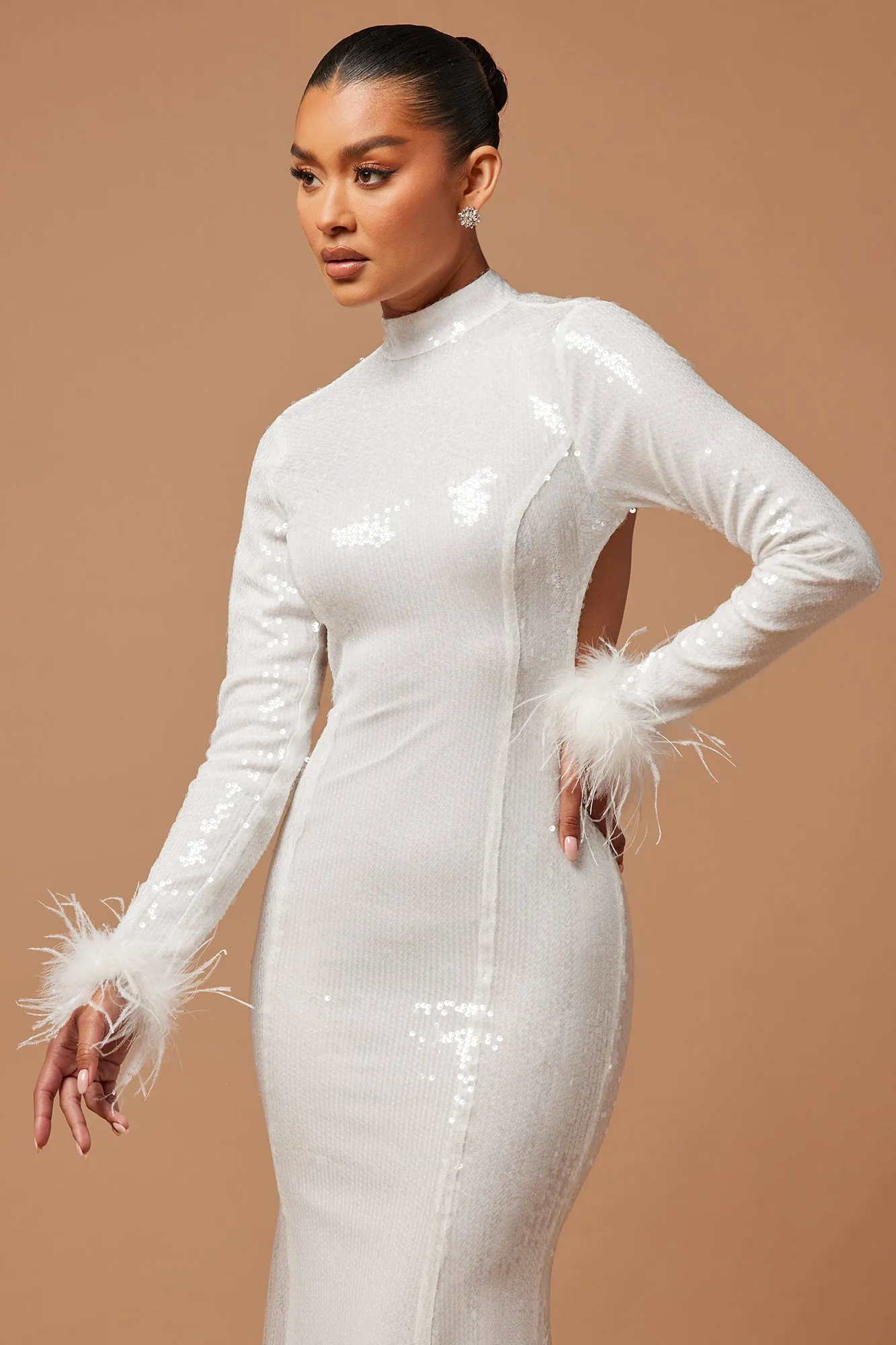 Cleo Sequin Feather Maxi Dress - White sold by Fashion Nova product image thumbnail 2