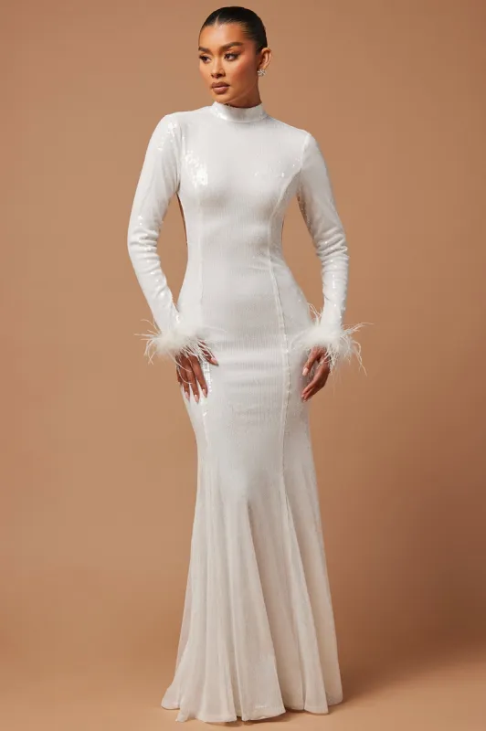 Cleo Sequin Feather Maxi Dress - White sold by Fashion Nova