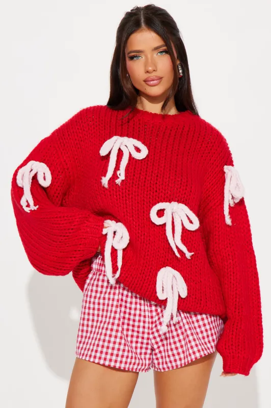 Bri Bow Chunky Knit Sweater - Red/combo sold by Fashion Nova