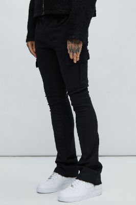 Ruthless Embroidered Stacked Skinny Cargo Flare Jeans - Black sold by Fashion Nova