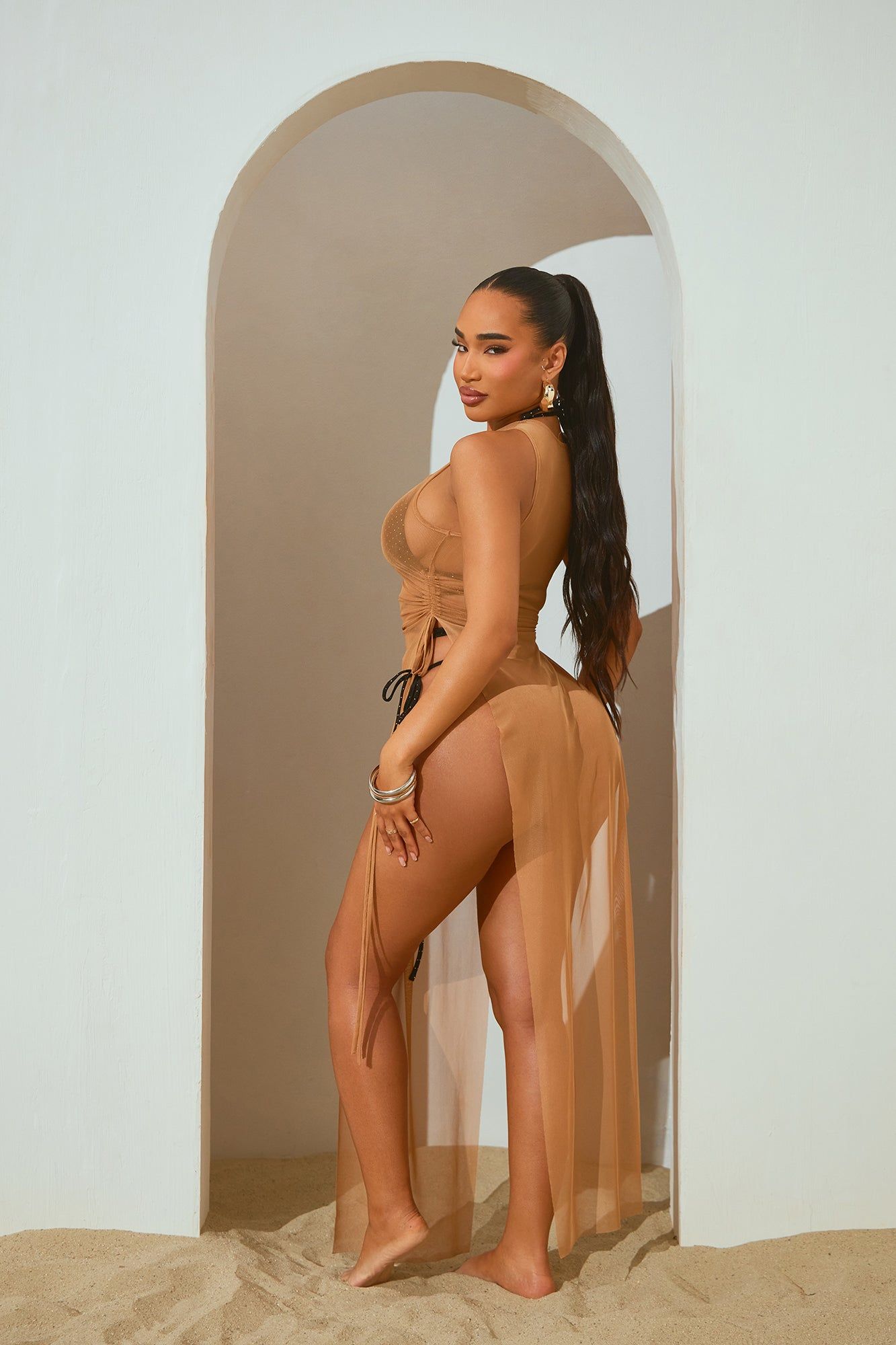 Summer Bae Ruched Mesh Cover Up Maxi Dress - Mocha sold by Fashion Nova product image thumbnail 3