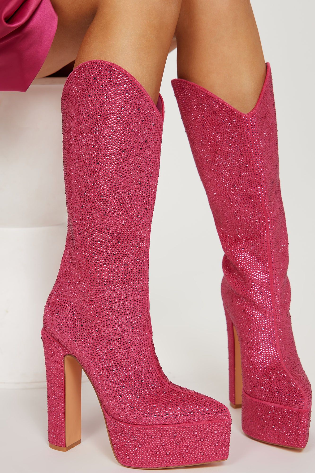 Flashy And Classy Knee High Heeled Boots - Pink sold by Fashion Nova