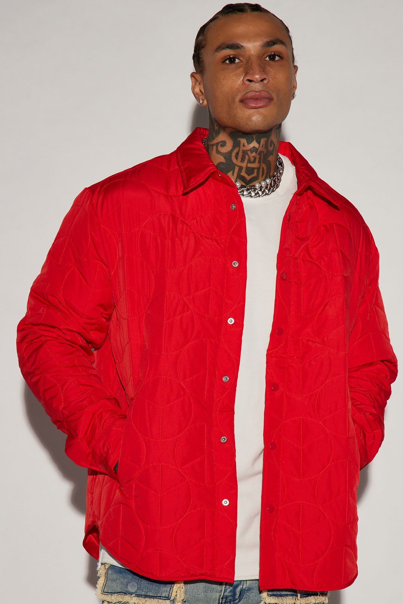 Peace Quilted Nylon Shacket - Red sold by Fashion Nova