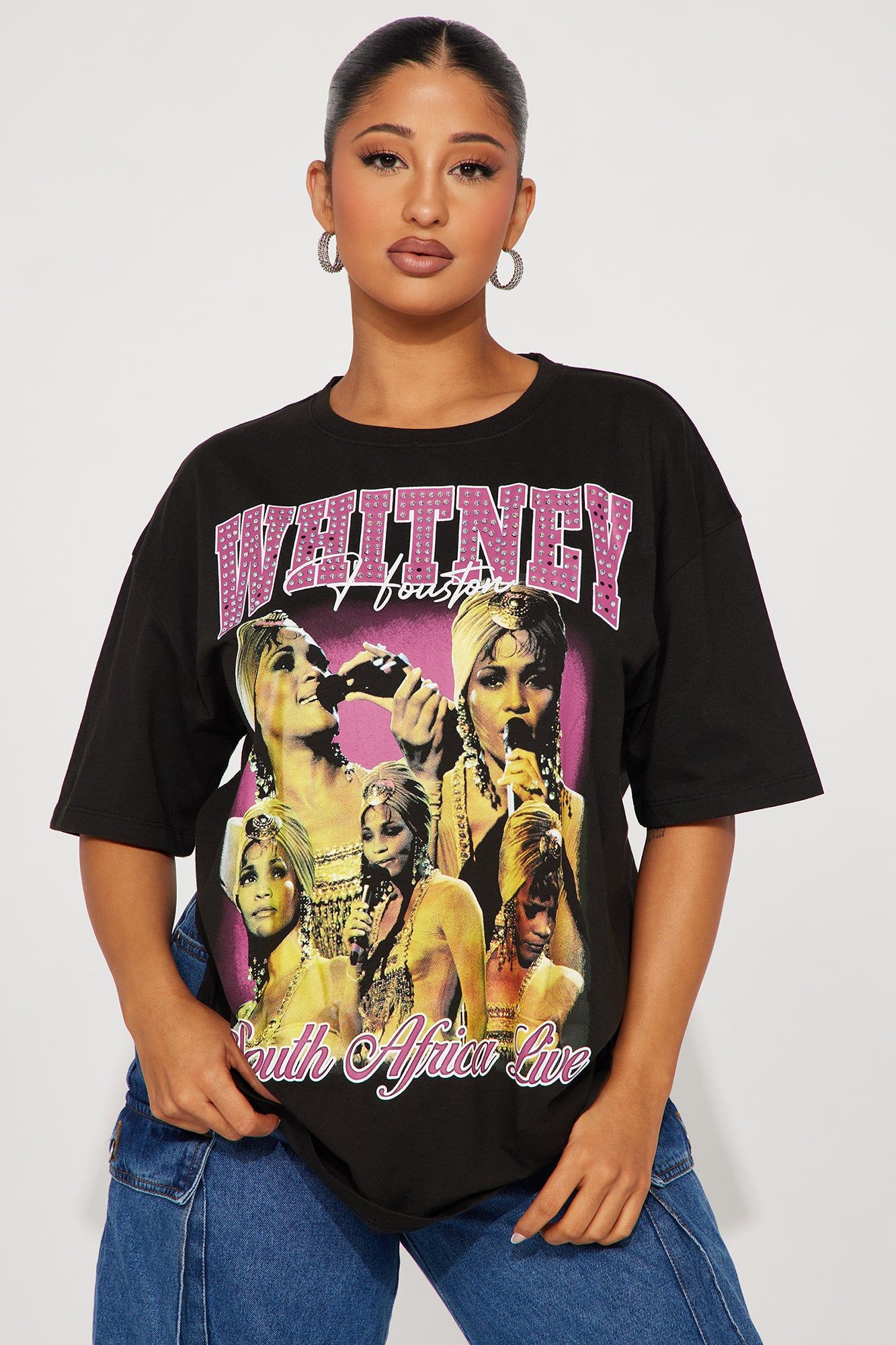 Whitney Houston Rhinestone Tshirt - Black sold by Fashion Nova